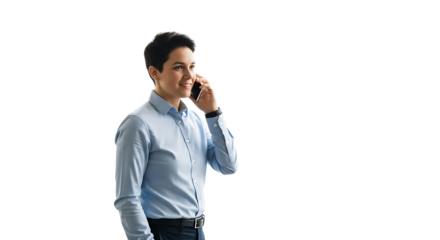 Smiling professional in business attire, engaged in a phone conversation, showcasing connectivity and communication.