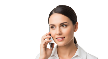 Businesswoman with a phone against a transparent background looks away, showing professionalism and connectivity, indoors.