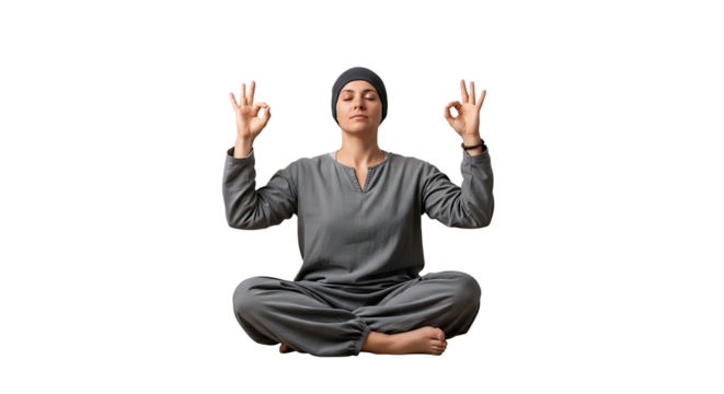 A woman meditates cross-legged, finding inner peace, with hands in mudra poses, in the lotus position, eyes closed.