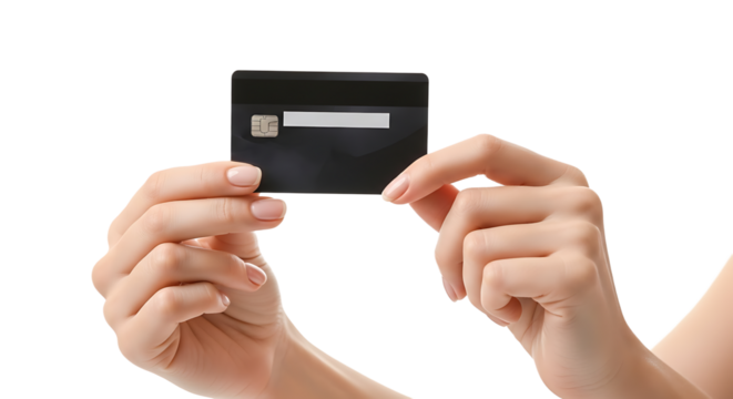 A person holding a black card between two hands, revealing the microchip. Ready for transactions and cashless payments.