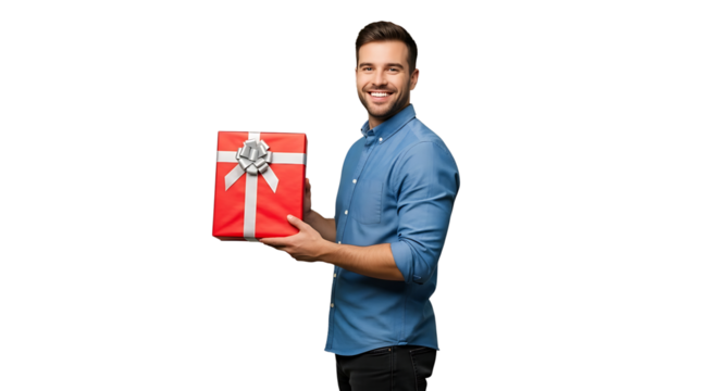 Cheerful person holds a red gift with a silver bow, creating an image of giving and celebration on a transparent background.