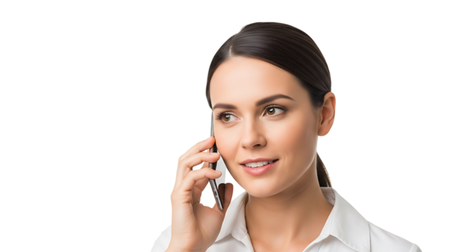 Businesswoman with a phone against a transparent background looks away, showing professionalism and connectivity, indoors.