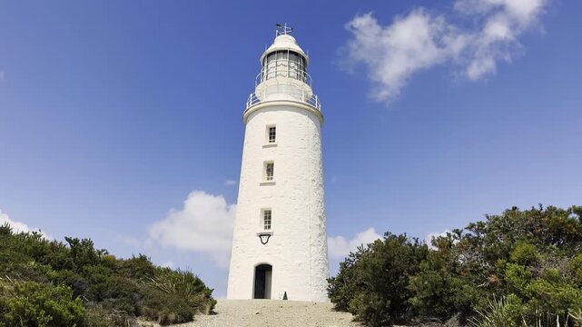 cape bruny lighthouse high on a cliff of the rough and rugged coastline of the Tasman sea on Bruny island, Tasmania, a popular travel destination in Australia.