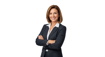 Confident businesswoman in a suit, arms crossed, with a bright smile, embodying authority and professionalism. 