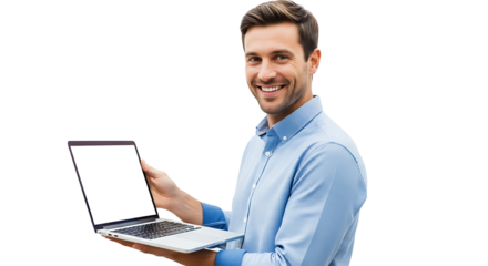Portrait of a cheerful man holding a laptop with a blank screen, isolated against a plain transparent background. 