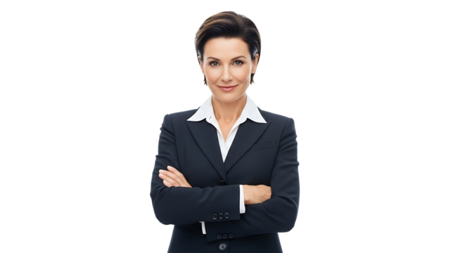 Elegant woman in formal business attire, exuding confidence and professionalism with a warm, engaging smile.