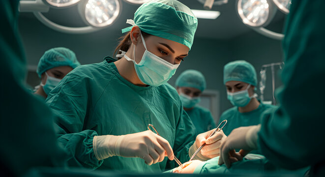 Female surgeon in green scrubs and mask is performing intricate surgery in modern operating room, with bright surgical lights illuminating the focused team and advanced medical equipment in background - Powered by Adobe