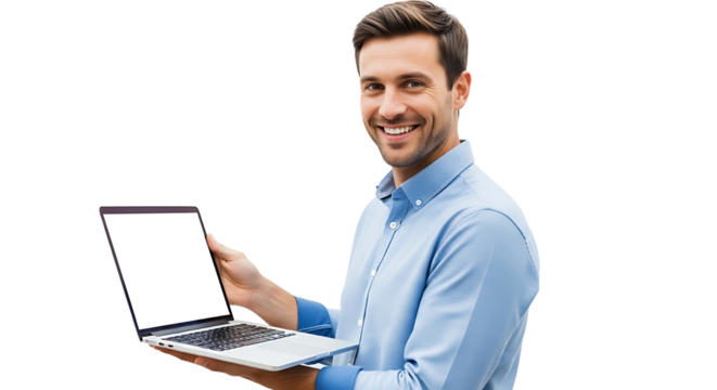 Portrait of a cheerful man holding a laptop with a blank screen, isolated against a plain transparent background. 