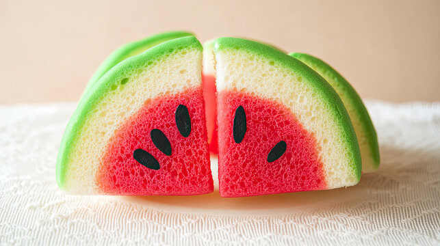 Deliciously crafted watermelon shaped sponge cake slices with vibrant colors and realistic details, perfect for dessert lovers and summer themed events