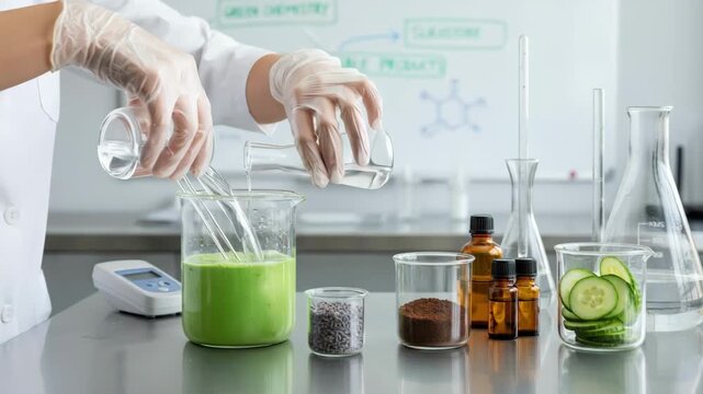 Medium shot of hands mixing natural ingredients in a lab demonstrating green chemistry techniques for sustainable product development.