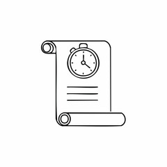 Hand Drawn Scroll Document with Stopwatch Icon and Lines for Text Keywords: scroll, document, paper, history, time, stopwatch, clock, timer, ancient, vintage, writing, text, lines, information