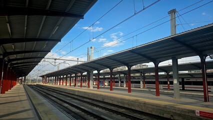 Chamartin train station in Madrid with empty platforms at a bright day
