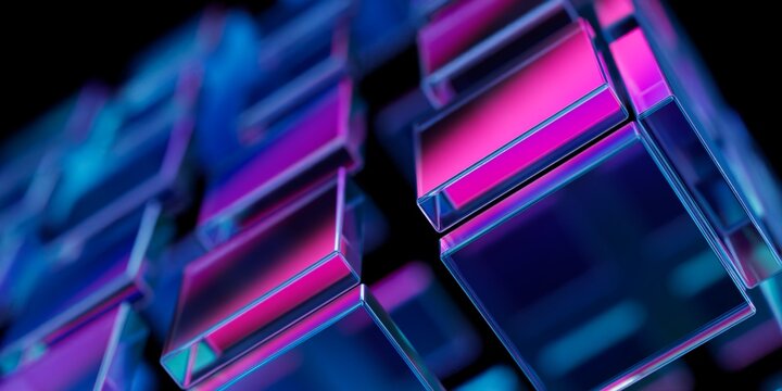Abstract 3D Iridescent Geometric Blocks on a Dark Background with Soft Depth of Field