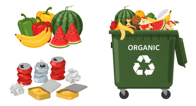 Recycling bin with mixed waste Green recycling bin filled with bottles cans and organic waste