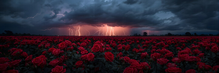Colorful lightning illuminating a red rose field at night under dramatic storm clouds