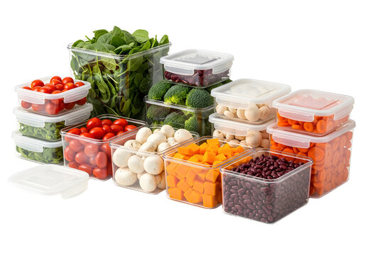 Assorted vegetables packed in food storage boxes Fresh leafy greens tomatoes and mixed produce organized in sealed containers