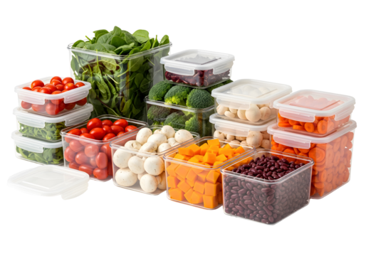 Assorted vegetables packed in food storage boxes Fresh leafy greens tomatoes and mixed produce organized in sealed containers