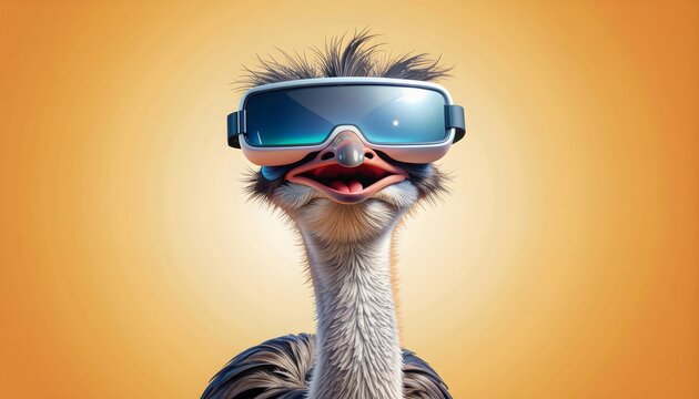 Funny ostrich wearing virtual reality headset high resolution photo