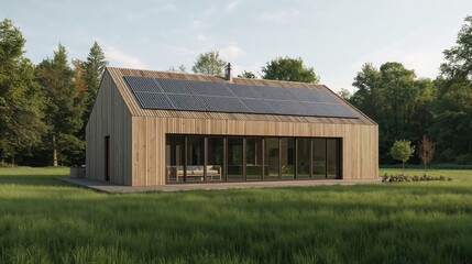 Obraz premium Modern wooden house with solar panels blends with nature on a sunny day near the forest.