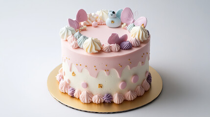 small pastel colored cake decorated with butterflies and cream swirls, perfect for celebrations and special occasions. Its delightful design brings joy and sweetness to any event