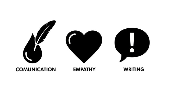 Silhouette icons representing communication, empathy, and writing with bold symbols