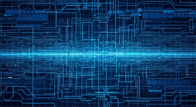 A complex network of interconnected blue lines forming a circuit board like structure with a central glow