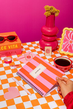 Vibrant girly breakfast scene with pancakes and decor