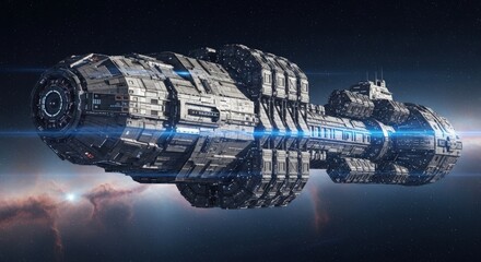 Fototapeta premium Massive Futuristic Spaceship Drifting Through Deep Space Nebula.