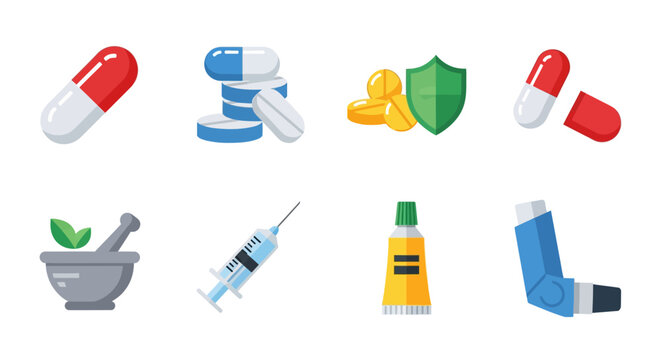 Medical and pharmaceutical objects set with pills, syringe, and inhaler in flat design style