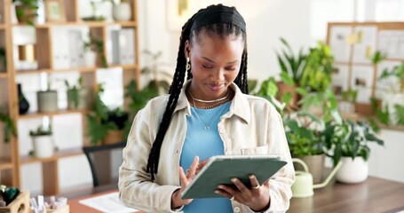 Smile, internet and black woman with tablet, typing and app with donation checklist. African person, environmental responsibility or connection with social media and research for NGO project schedule - Powered by Adobe