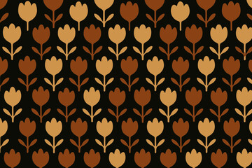 Seamless Dark Retro Tulip Flower Pattern Brown and Black Folk Art