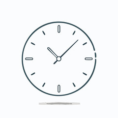 Hand-drawn outline of a round analog clock with dark blue lines and a subtle shadow effect time timepiece