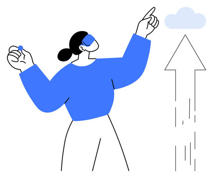 Woman pointing to upward arrow and cloud, symbolizing growth, innovation, and aspiration. Ideal for business, ambition, technology, motivation goal-setting vision progress. Simple flat metaphor