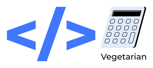 Brackets, calculator, and vegetarian text combining programming and dietary themes. Ideal for coding, web development, technology, programming humor, vegetarianism, education simple flat metaphor