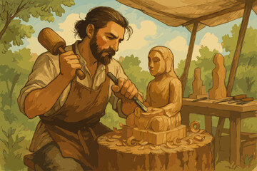 Bearded caucasian adult male sculptor carefully carving a detailed wooden statue outdoors under a shaded area.