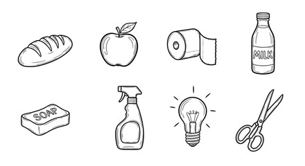 Essential daily items in linear style: bread, apple, soap, and more