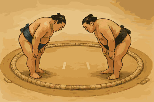 Two male sumo wrestlers, one in a blue mawashi and the other in black, respectfully bow to each other inside a traditional sand dohyo arena.