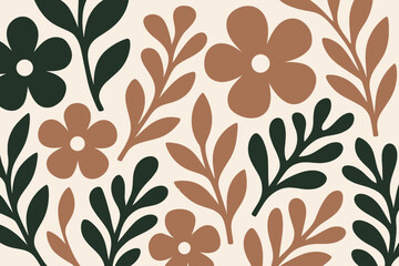 Seamless Boho Floral Pattern Background, Mid-Century Modern Botanical Texture in Earth Tones