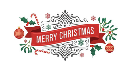 Festive merry christmas banner with traditional holiday decorations and ornate scrollwork on white background