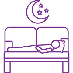 Purple Line Art Icon Of A Person Sleeping On A Couch Under A Crescent Moon And Stars On A Transparent Background Represents Rest And Tranquility