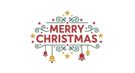Festive merry christmas greeting with decorative ornaments stars and bells in red and gold