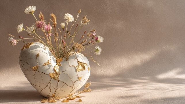 Artistic ceramic heart-shaped vase repaired with golden cracks in kintsugi style, holding dried wildflowers in soft natural light on beige background.