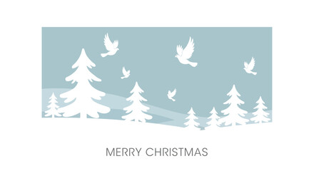 Peaceful winter christmas scene with white doves flying over snowy trees and mountains