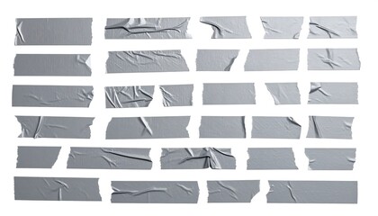 A flat lay showcases numerous isolated pieces of silver adhesive tape, each with unique creases and tears against a stark white backdrop