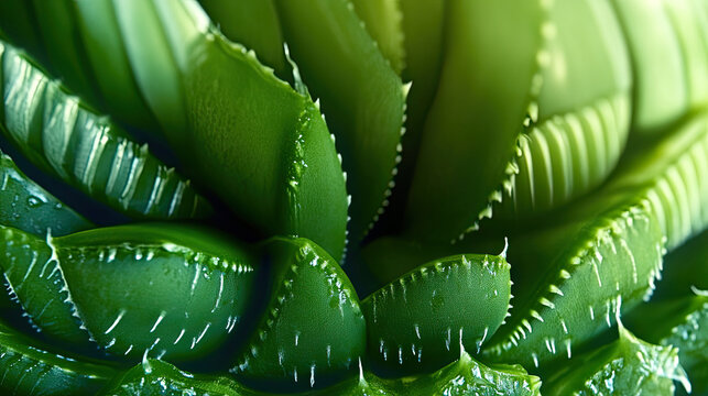 Aloe vera plant with vibrant green leaves and textured edges, its natural beauty and health benefits. close up reveals intricate details and freshness