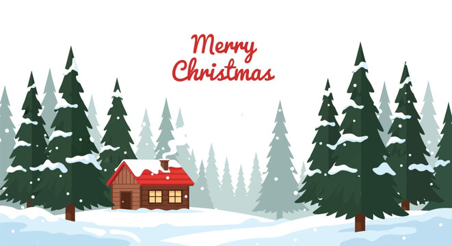 Cozy wooden cabin nestled in a snowy evergreen forest with merry christmas text