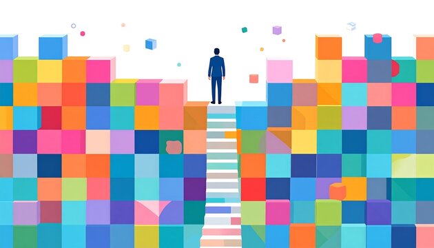 A man in a suit stands atop a staircase formed by geometric shapes, against a colorful pixelated backdrop