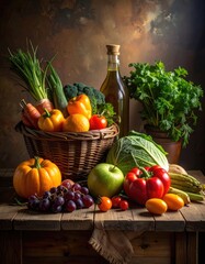 A rustic still life of fresh vegetables, fruits, and oil on a wooden table