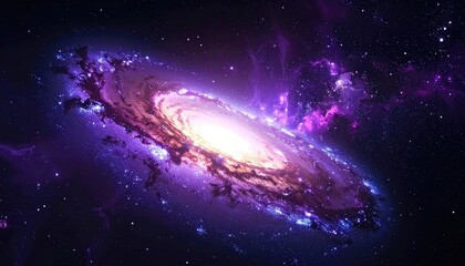 A majestic purple spiral galaxy with a luminous core shines in deep space