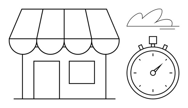 Small storefront with striped awning, stopwatch for time emphasis, and a minimal cloud above. Ideal for retail, efficiency, time management, deadline, delivery, scheduling productivity simple flat